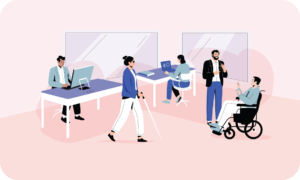 Accessible workplace with employees in wheelchairs, walking with a cane, and using accessible technology