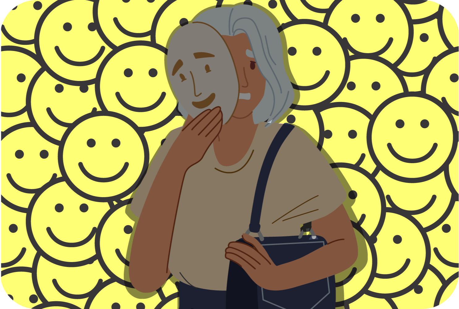 faking happiness Toxic positivity happy mask depressed smiley face background rounded corners