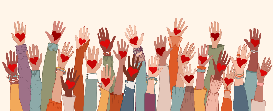 volunteer group concept diverse group raising hands with hearts 434688965