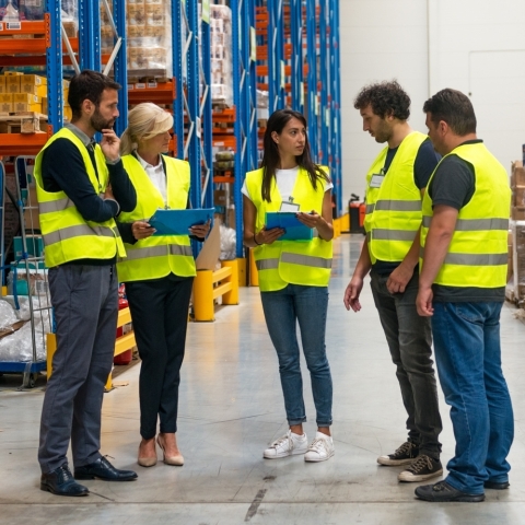 Warehouse workers hold a team meeting