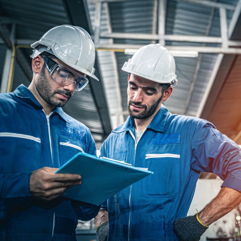 Two industrial workers look at a clipboard